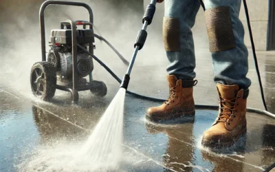 DALL·E 2024-08-30 12.10.42 - A realistic image of a professional power washing a concrete surface using a hot water pressure washer. The scene includes a powerful stream of hot wa